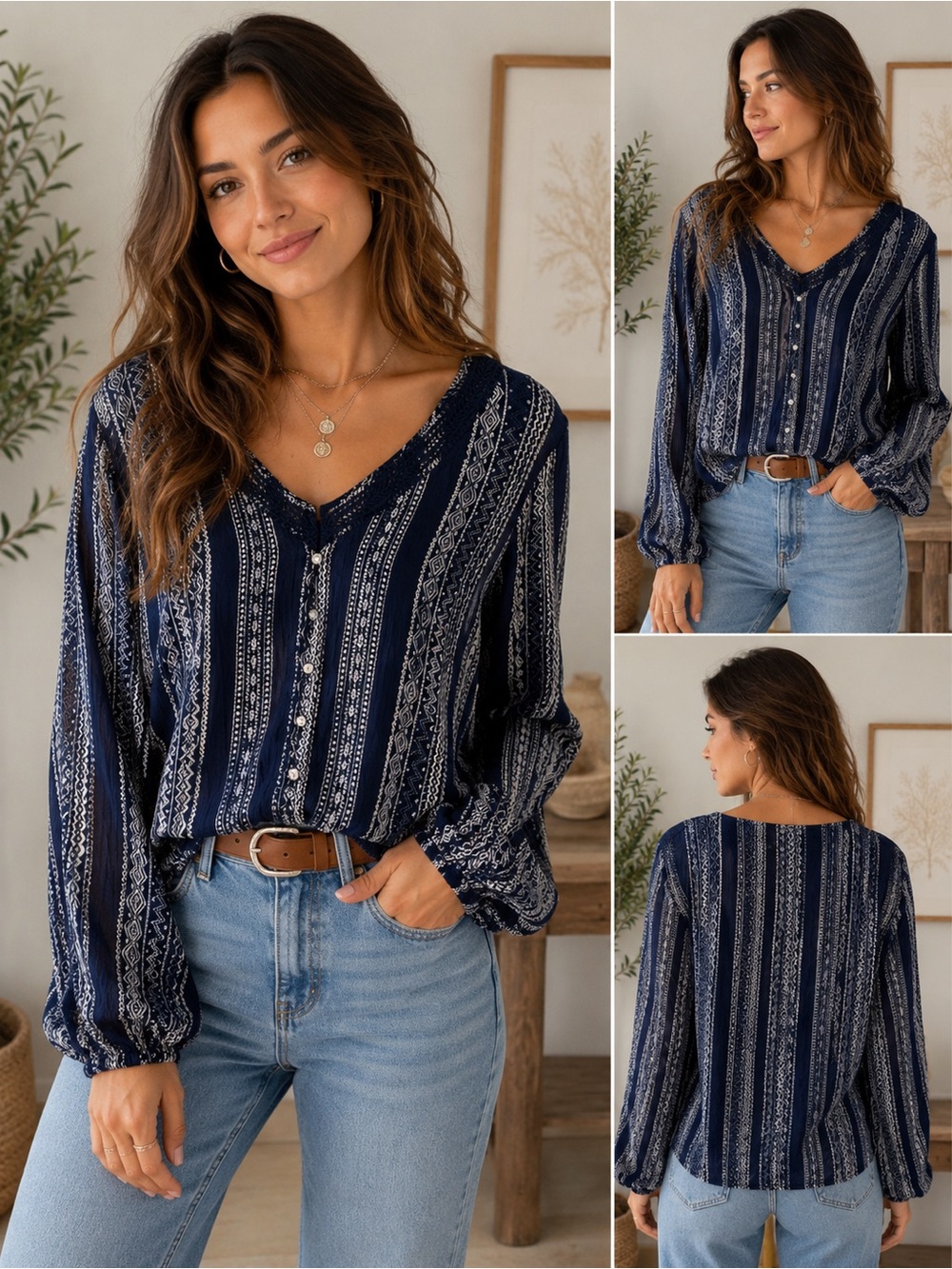 Hippie Rose Navy Striped V-Neck Button-Front Blouse